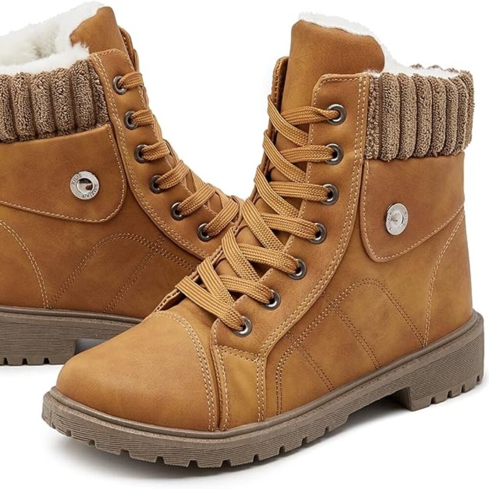 Women's White & Black Ankle Combat Boots - Fuzzy Lace Up Snow Boots